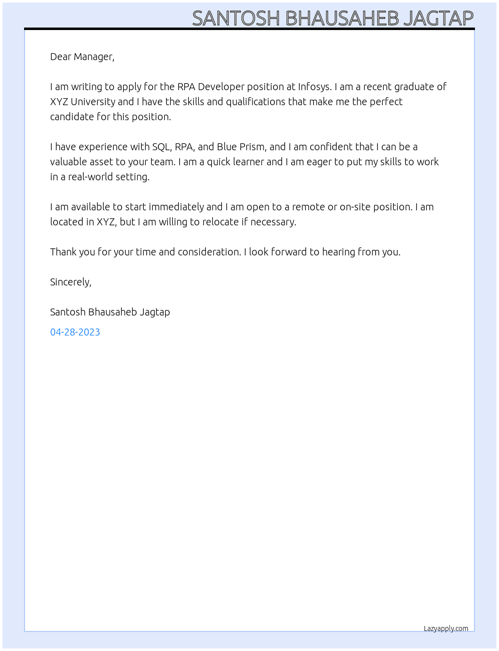 RPA Developer At Infosys Cover Letter