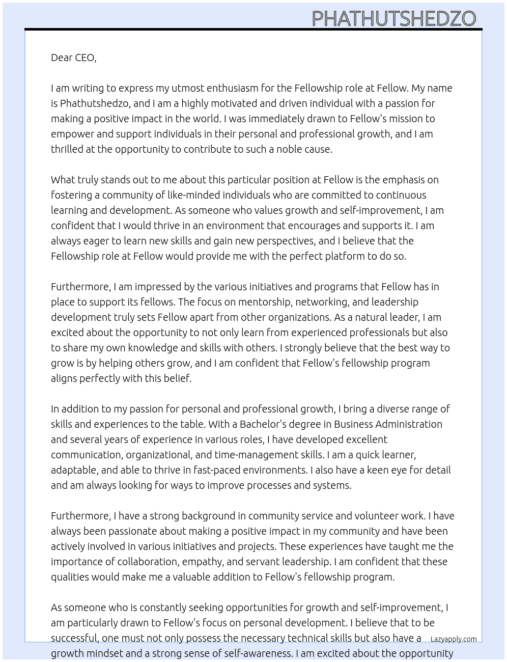 Fellowship  At Fellow  Cover Letter