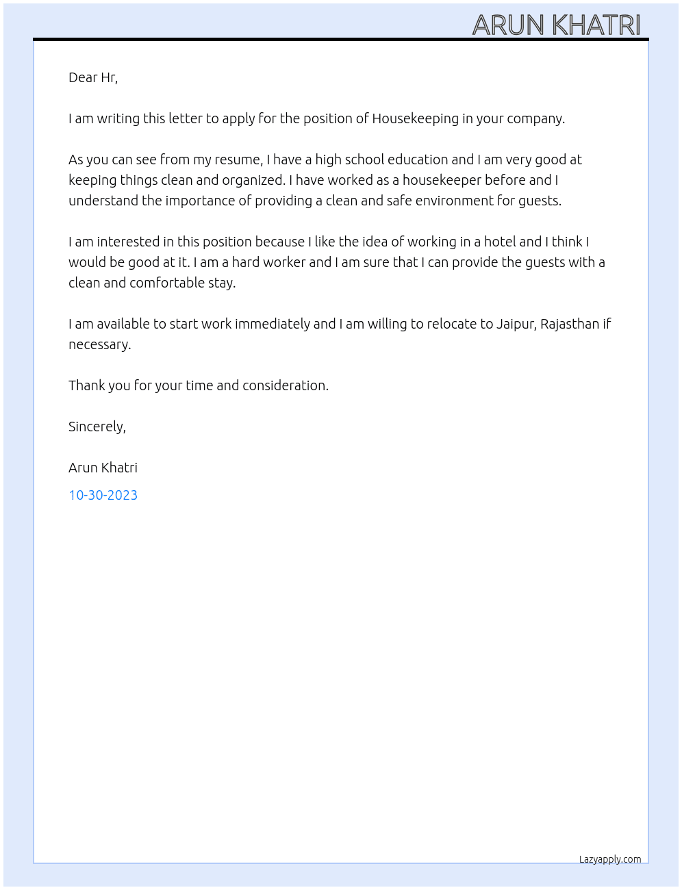 Housekeeping  At Merriott  Cover Letter