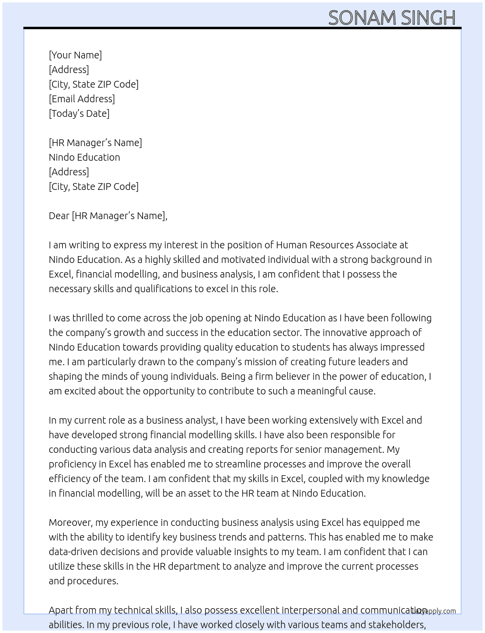 Human resources associate  At Nindo education  Cover Letter