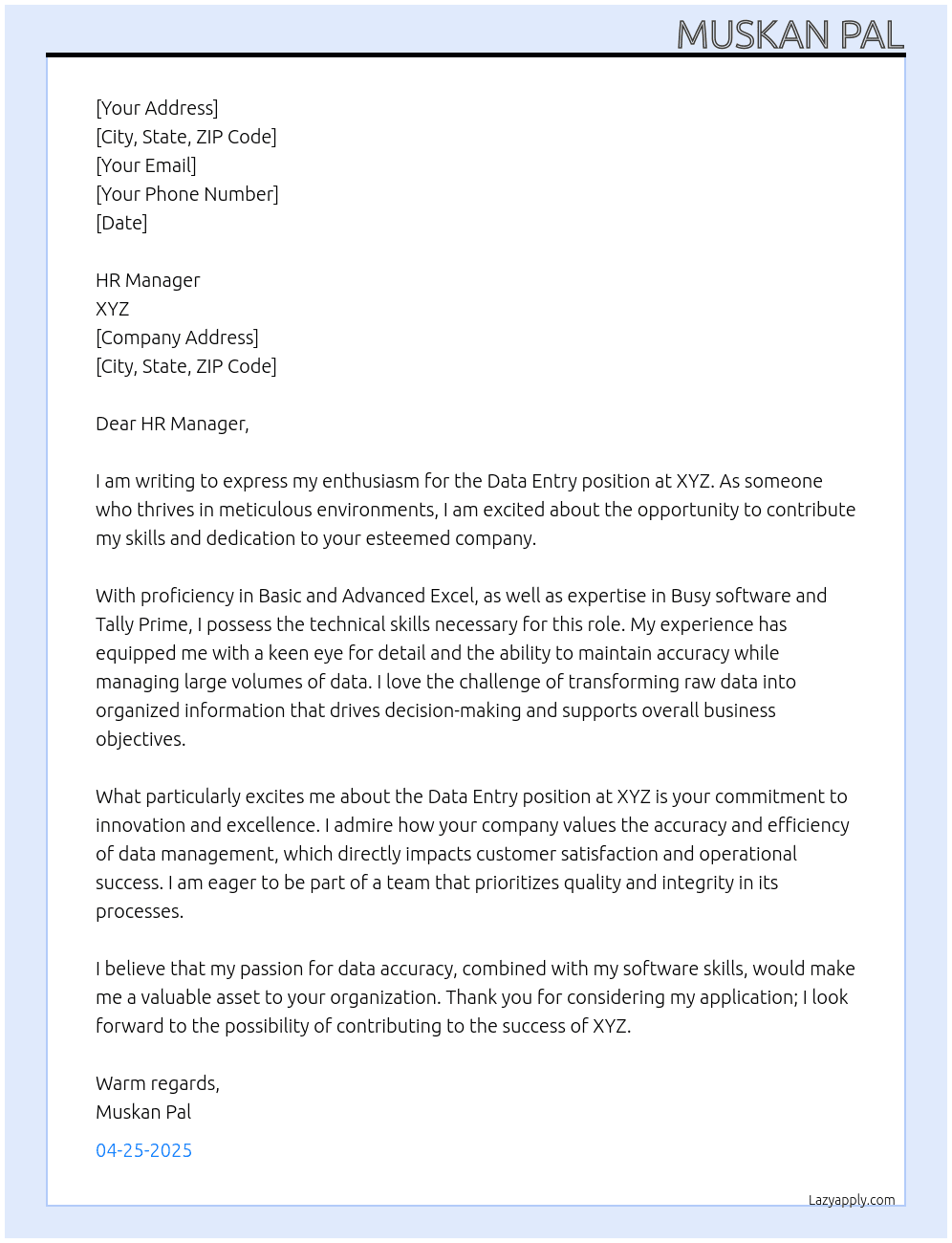 Data entry  At XYZ Cover Letter