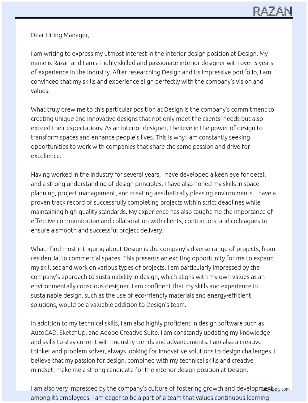 interior design At design Cover Letter