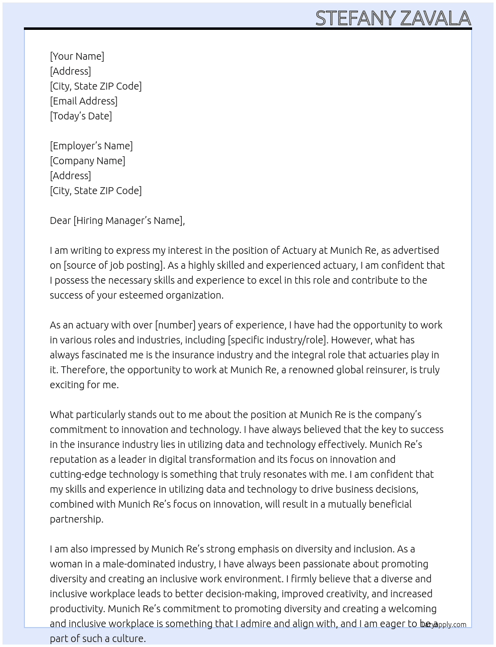 Actuary At Munich Re Cover Letter
