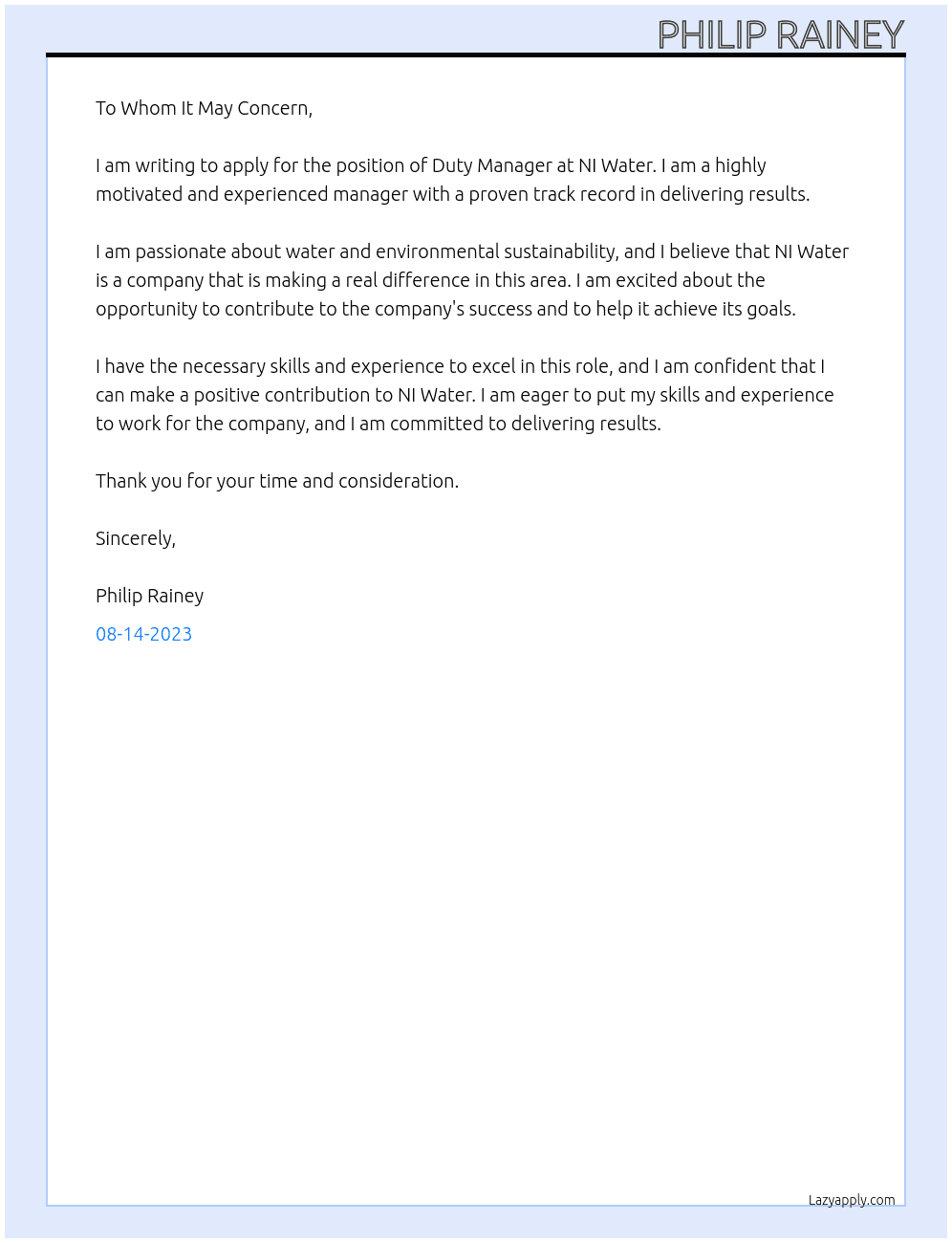Duty Manager At NI Water Cover Letter