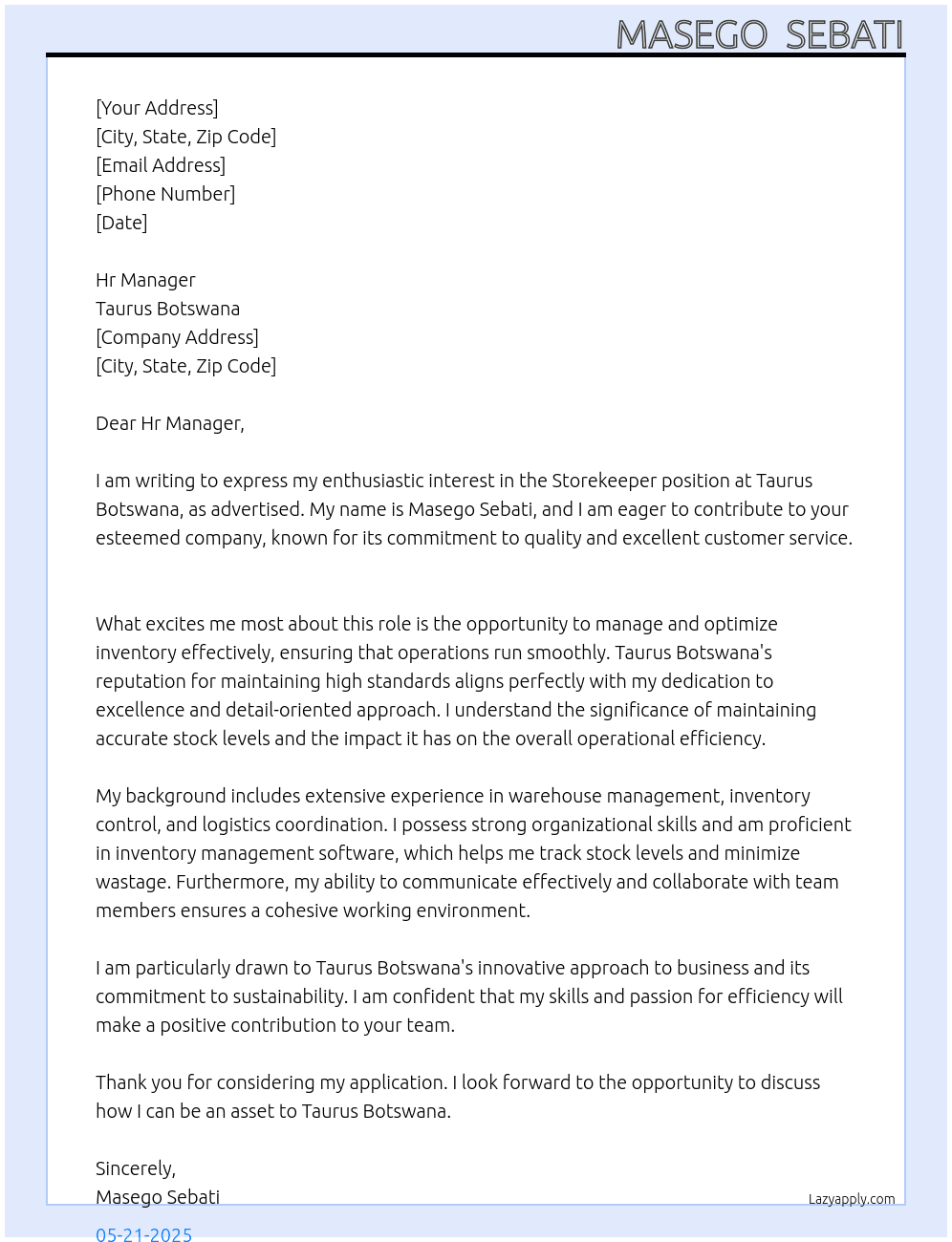 Storekeeper At Taurus botswana  Cover Letter