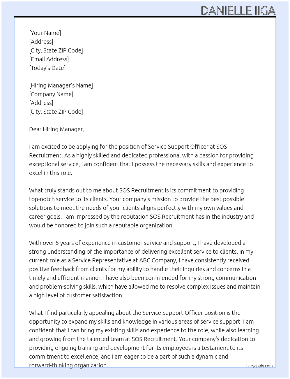 Service Support Officer At SOS Recruitment Cover Letter