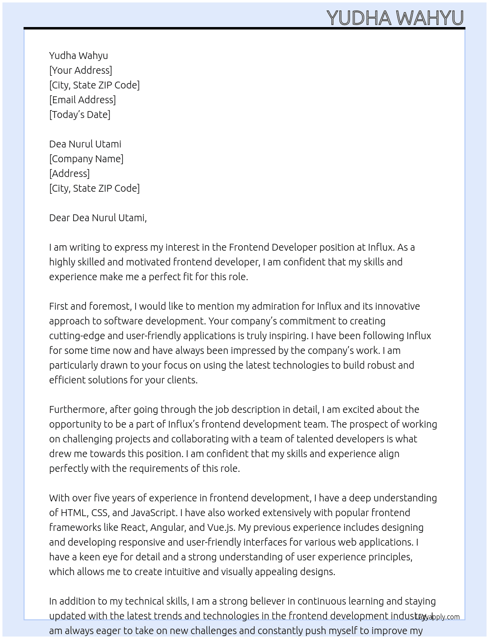 Frontend Developer At Influx Cover Letter