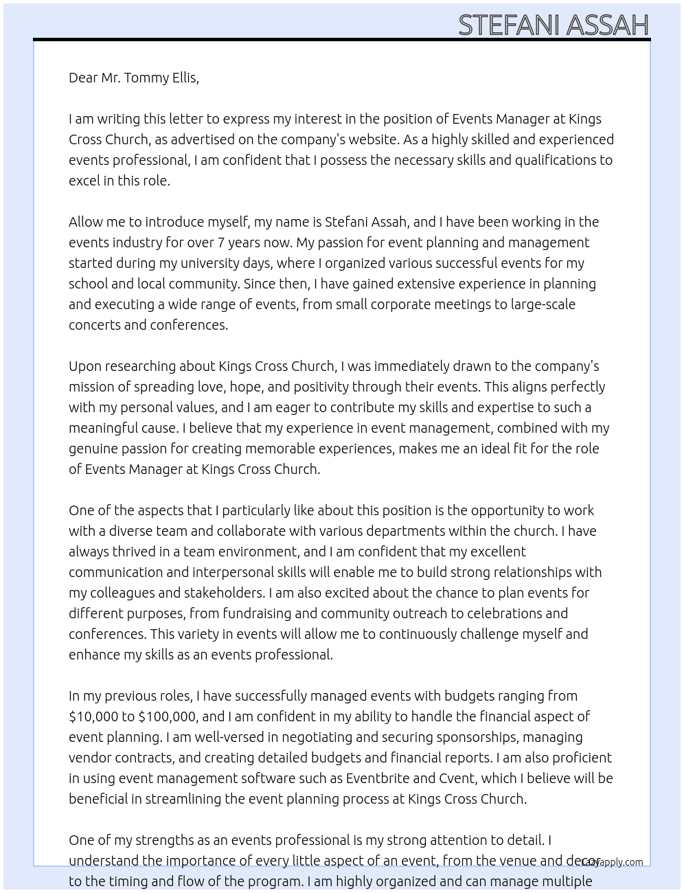 events manager At Kings Cross Church Cover Letter