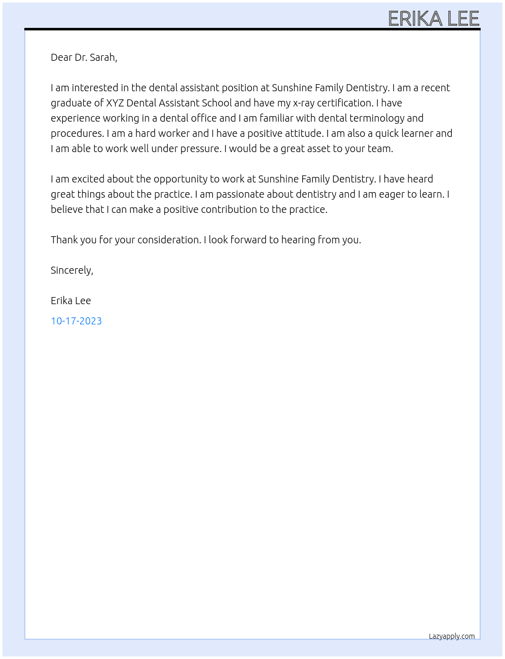 Dental Assistant  At Sunshine Family Dentistry  Cover Letter