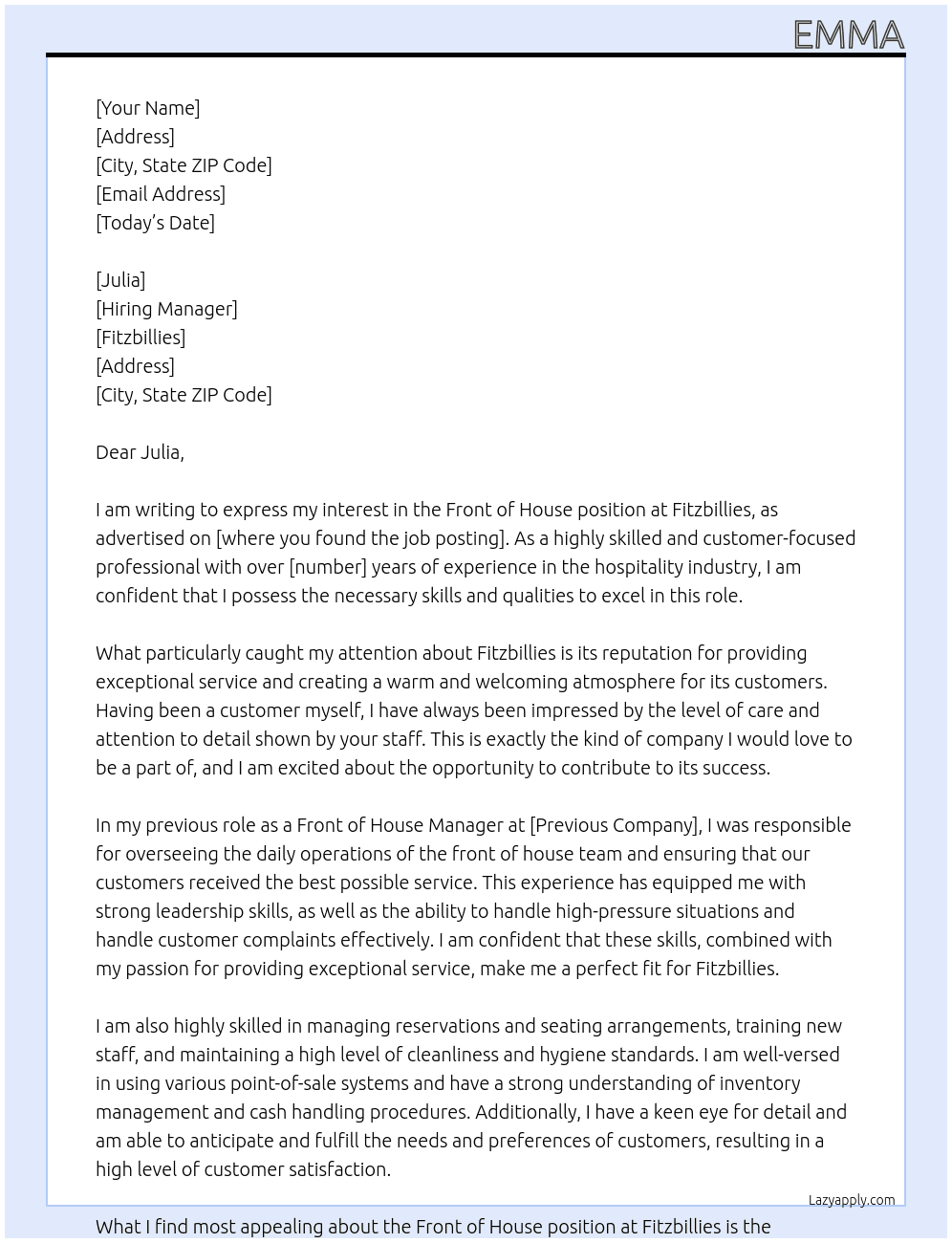 Front of house At Fitzbillies Cover Letter