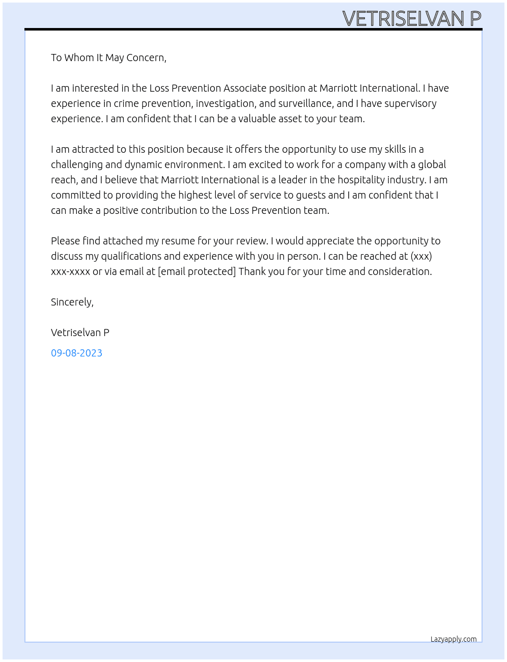 Loss Prevention Associate At Marriott International Cover Letter