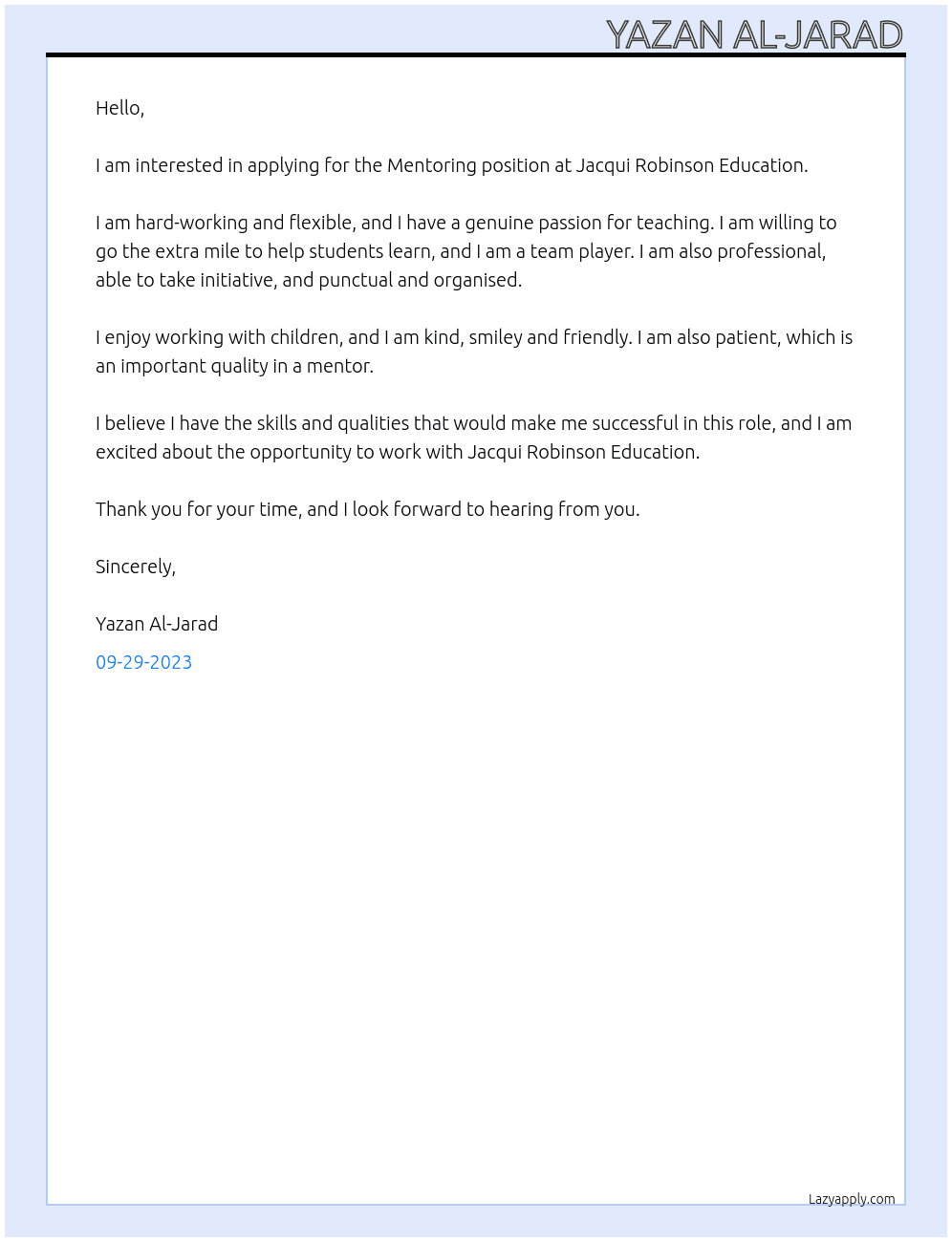 Mentoring  At Jacqui Robinson Education Cover Letter