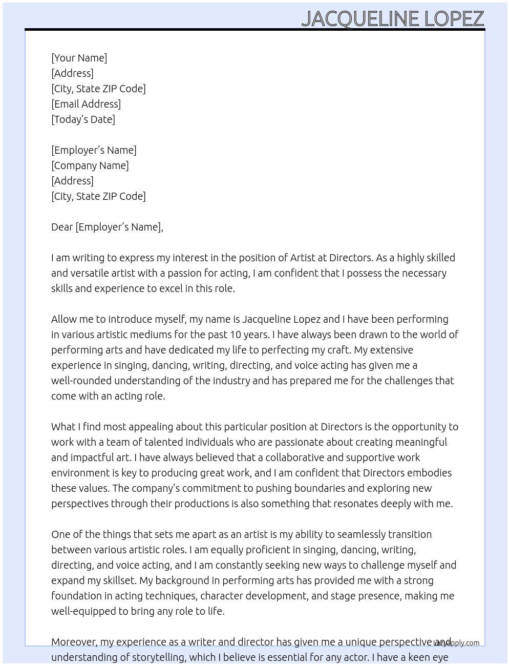 Artist At Directors Cover Letter
