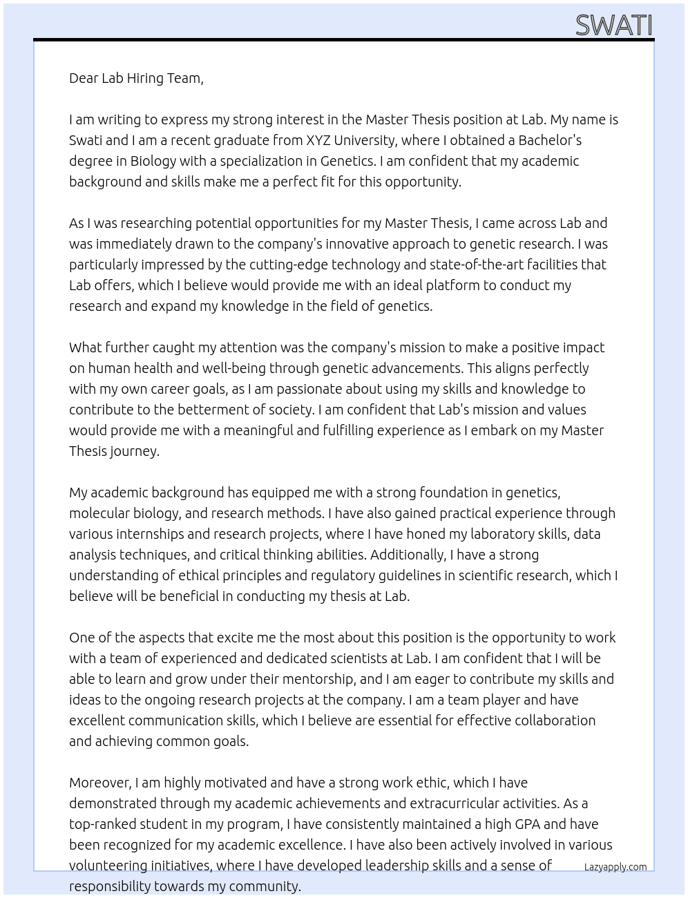 master thesis At Lab Cover Letter