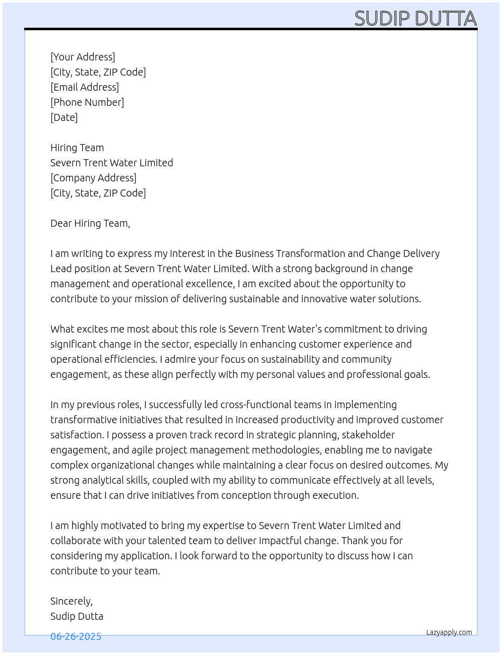 Business Transformation and Change Delivery Lead At Severn Trent Water Limited Cover Letter