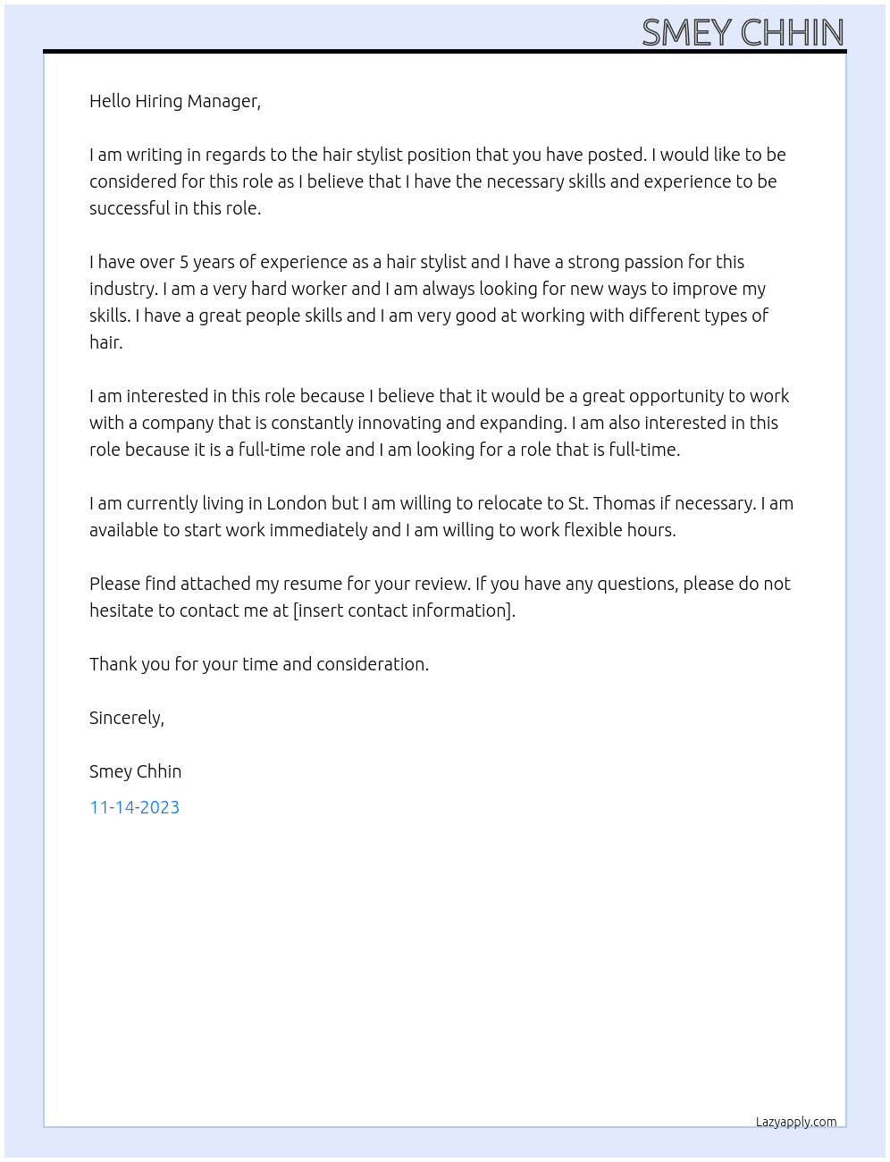 hair stylist At smart style Cover Letter