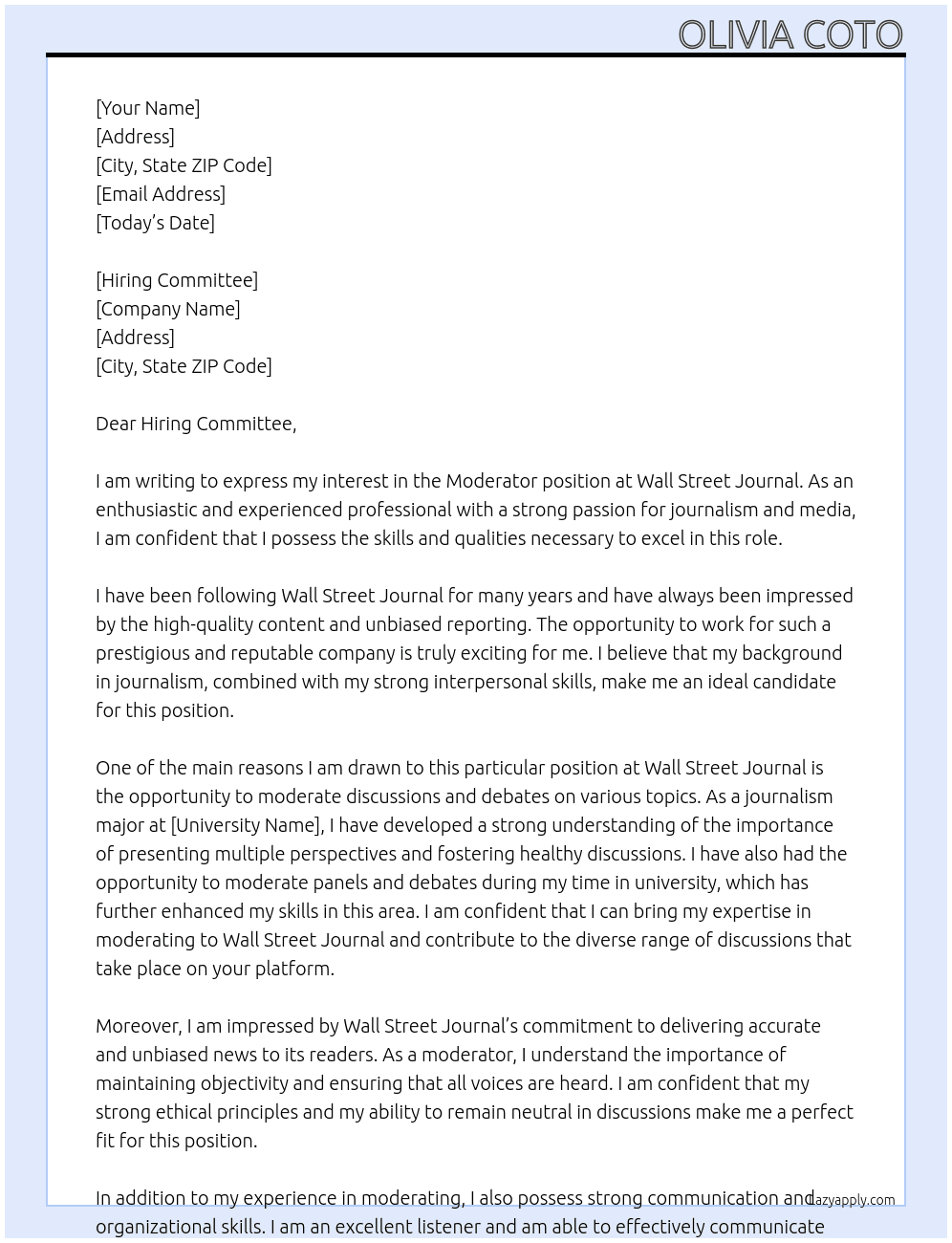 Moderator At Wall Street Journal Cover Letter