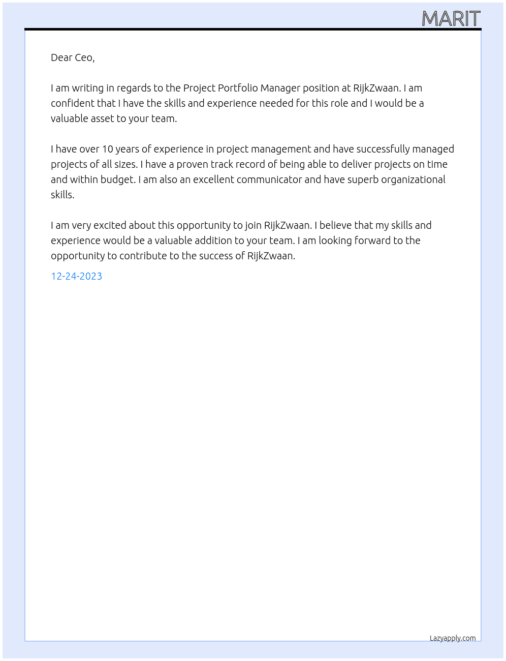 Project Portfolio Manager At RijkZwaan Cover Letter