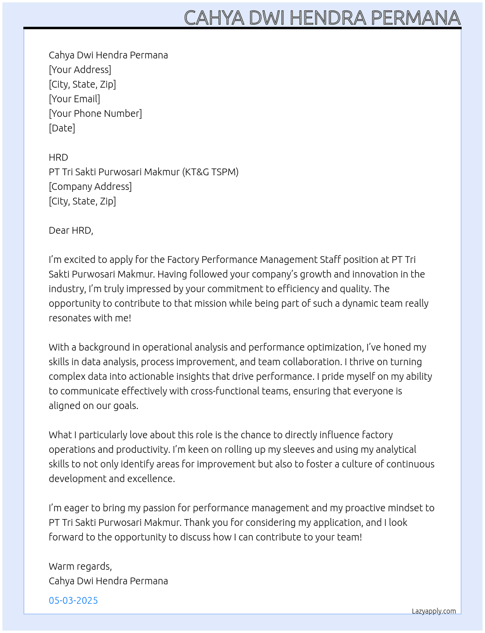 Cover letter for factory performance management staff - LazyApply