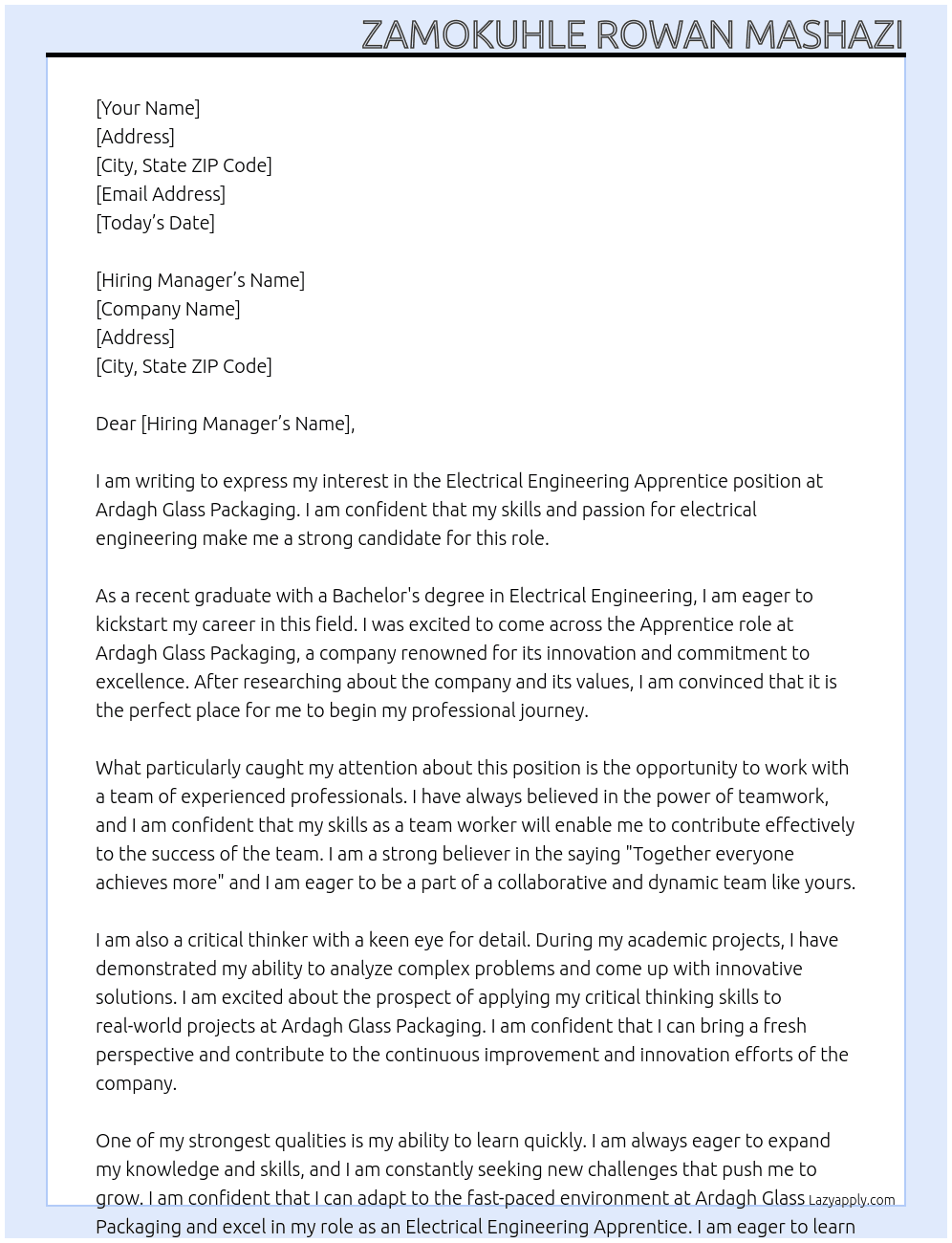 Electrical Engineering Apprentice At Ardagh Glass Packaging Cover Letter