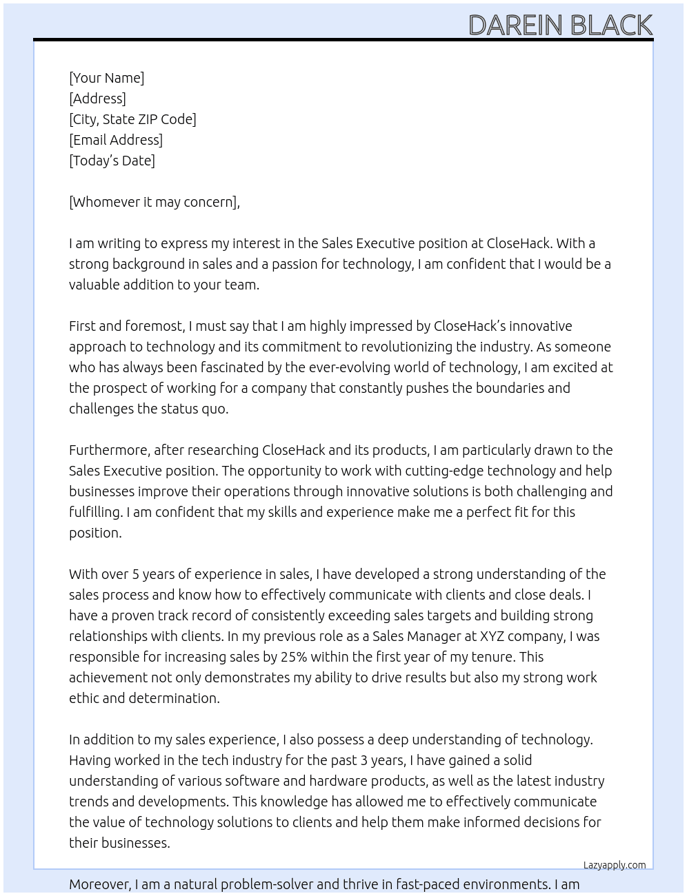 Sales executive At CloseHack Cover Letter