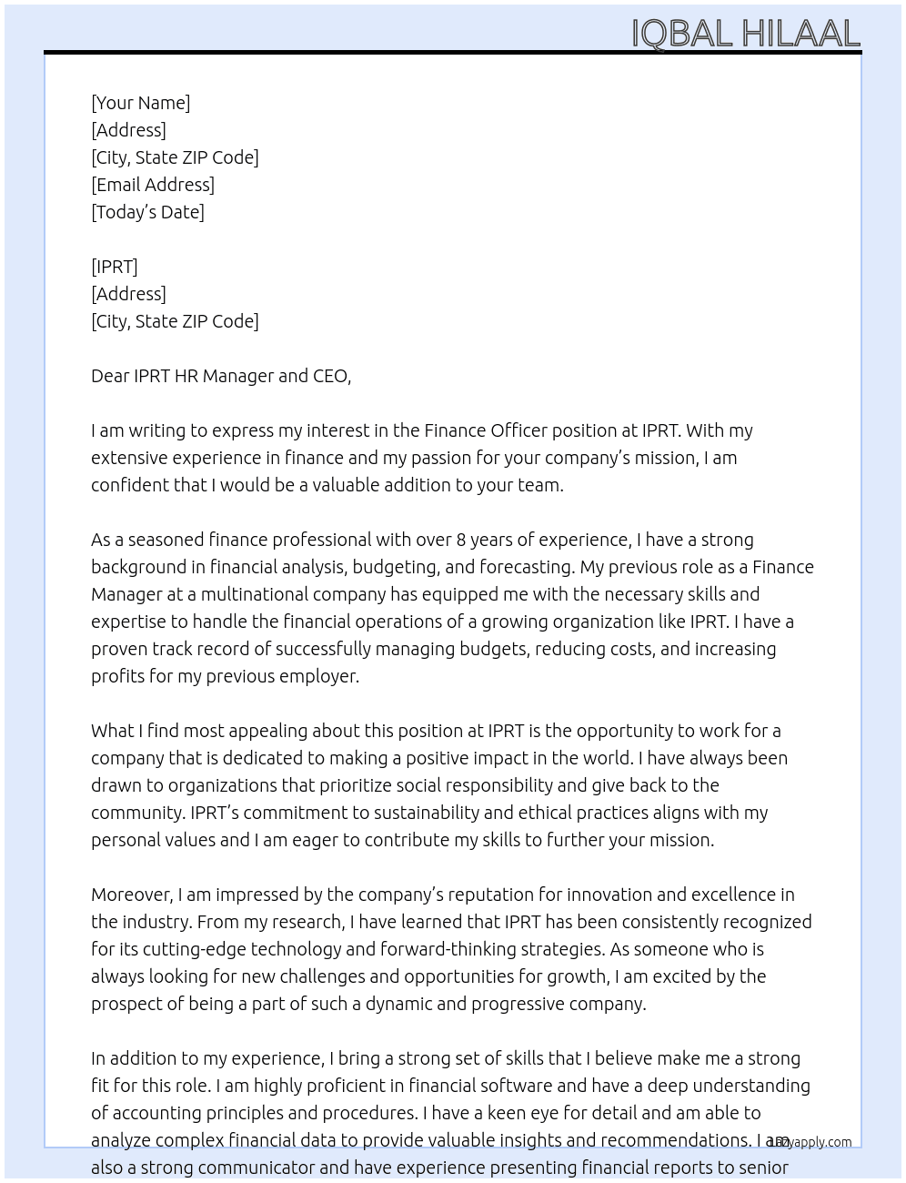 Finance officer At IPRT Cover Letter