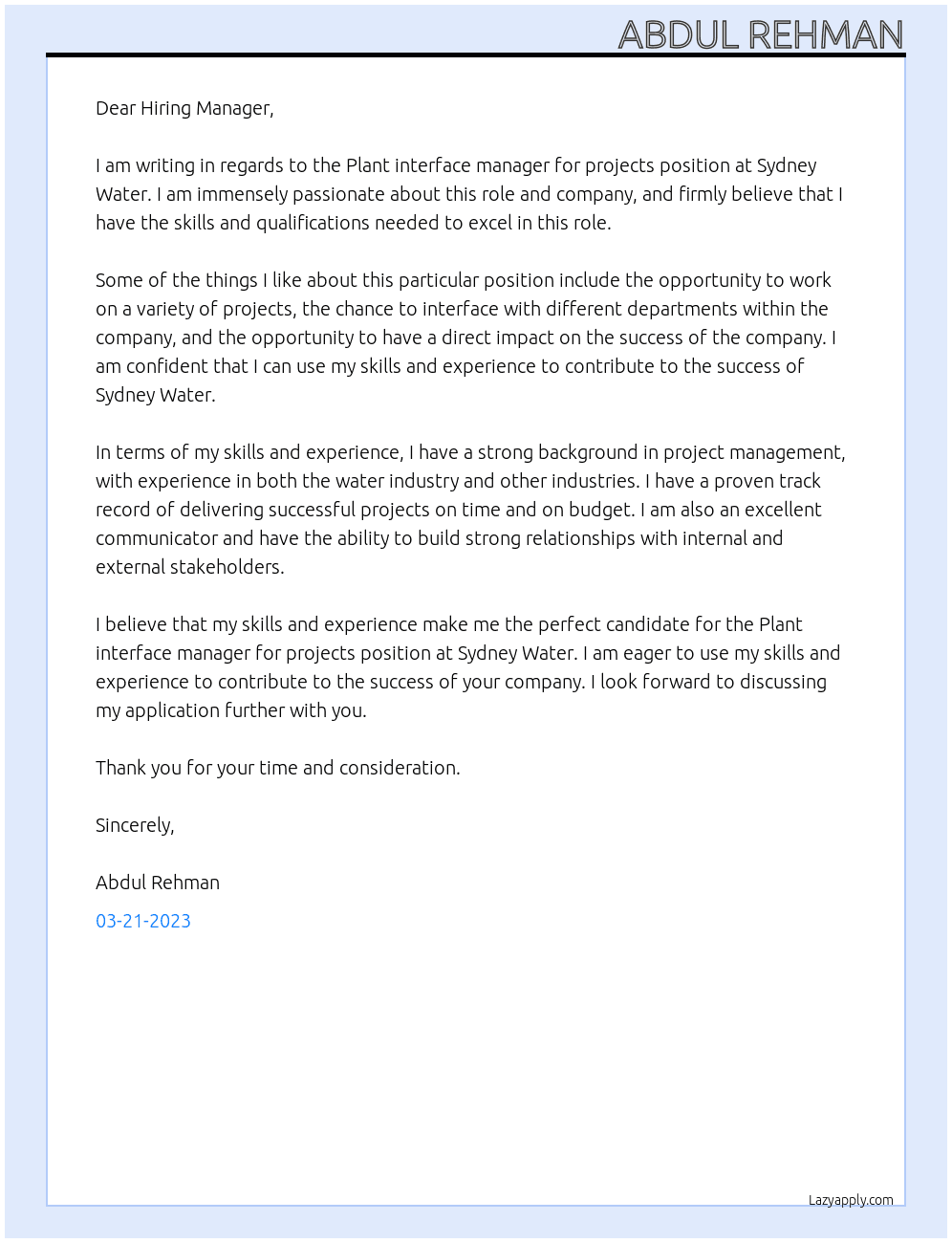 Plant interface manager for projects At Sydney Water  Cover Letter
