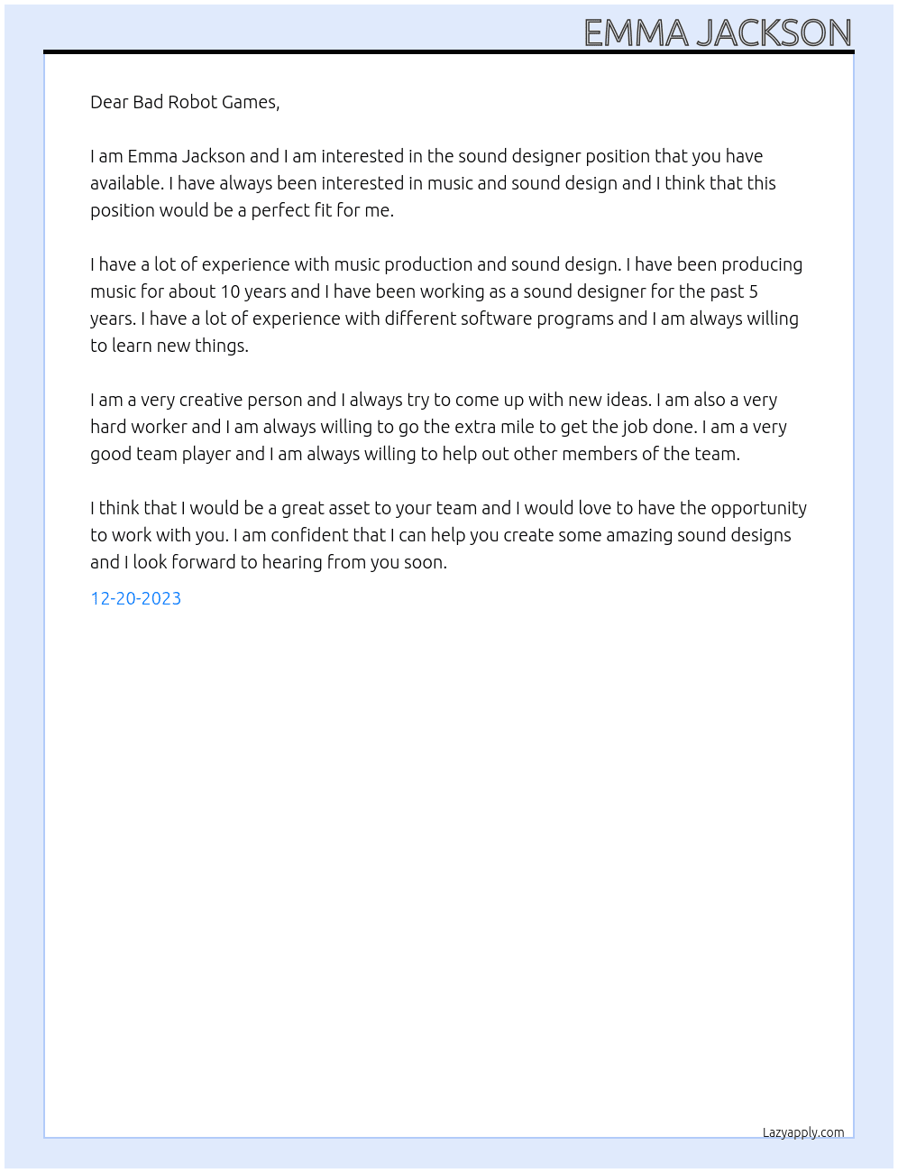 Sound Designer At Bad Robot Games Cover Letter