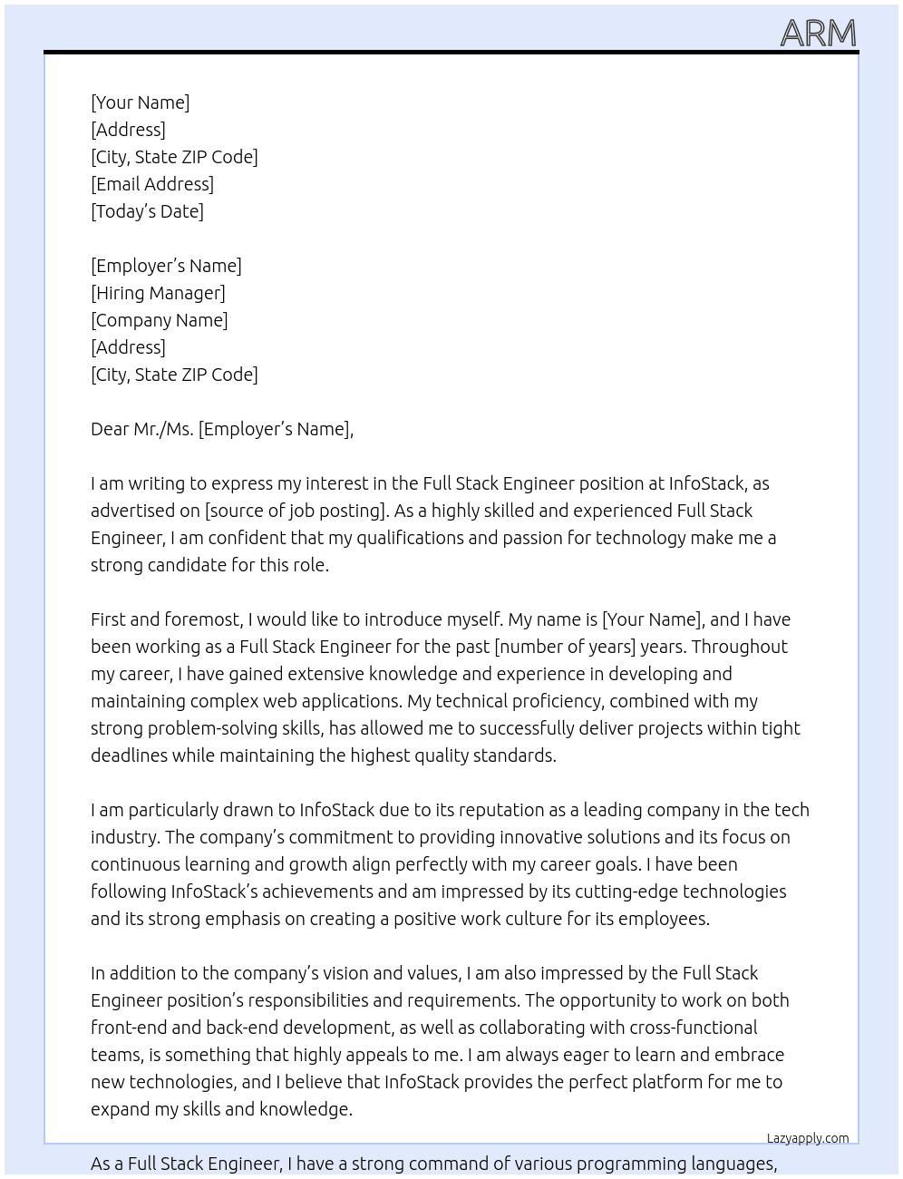 Full Stack Engineer At InfoStack Cover Letter