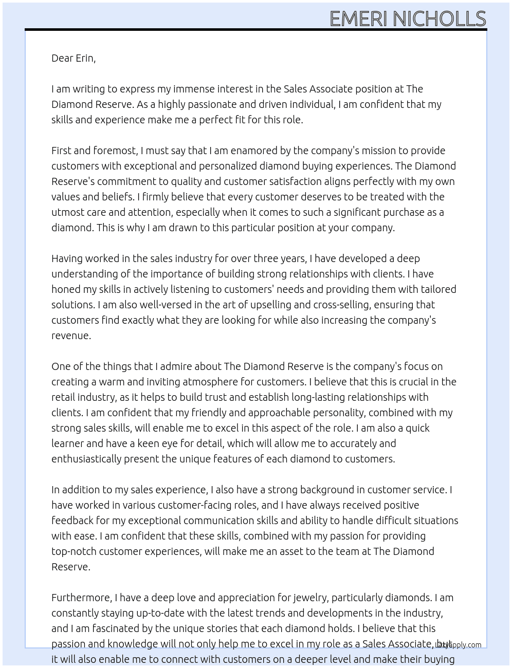 Sales Associate At The Diamond Reserve Cover Letter