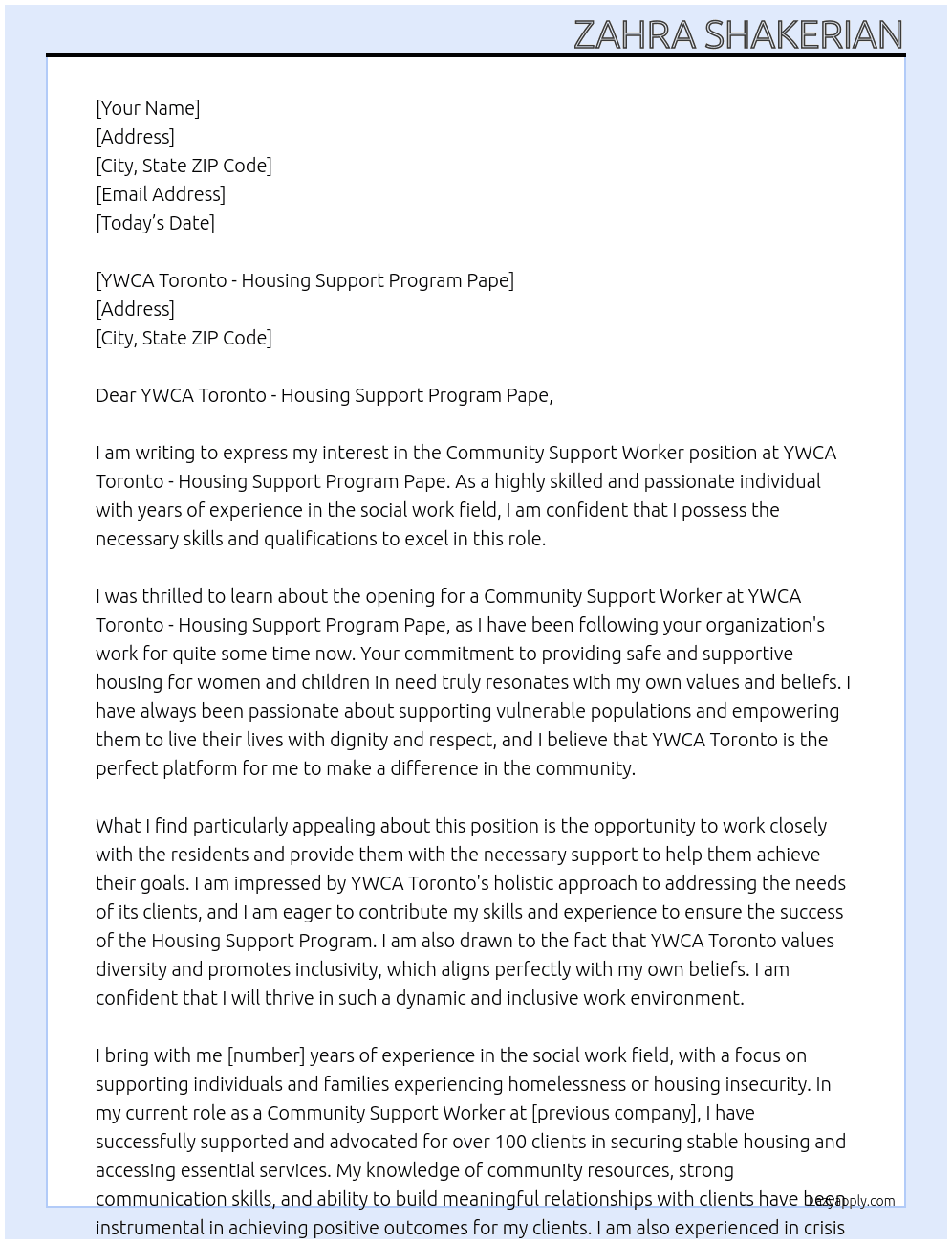 Community Support Worker At YWCA Toronto - Housing Support Program Pape Cover Letter