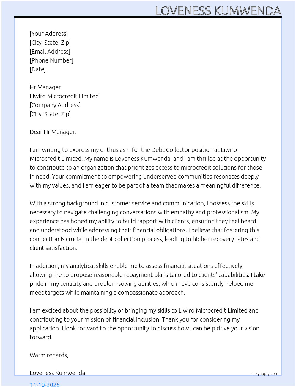 Cover letter for debt collector - LazyApply
