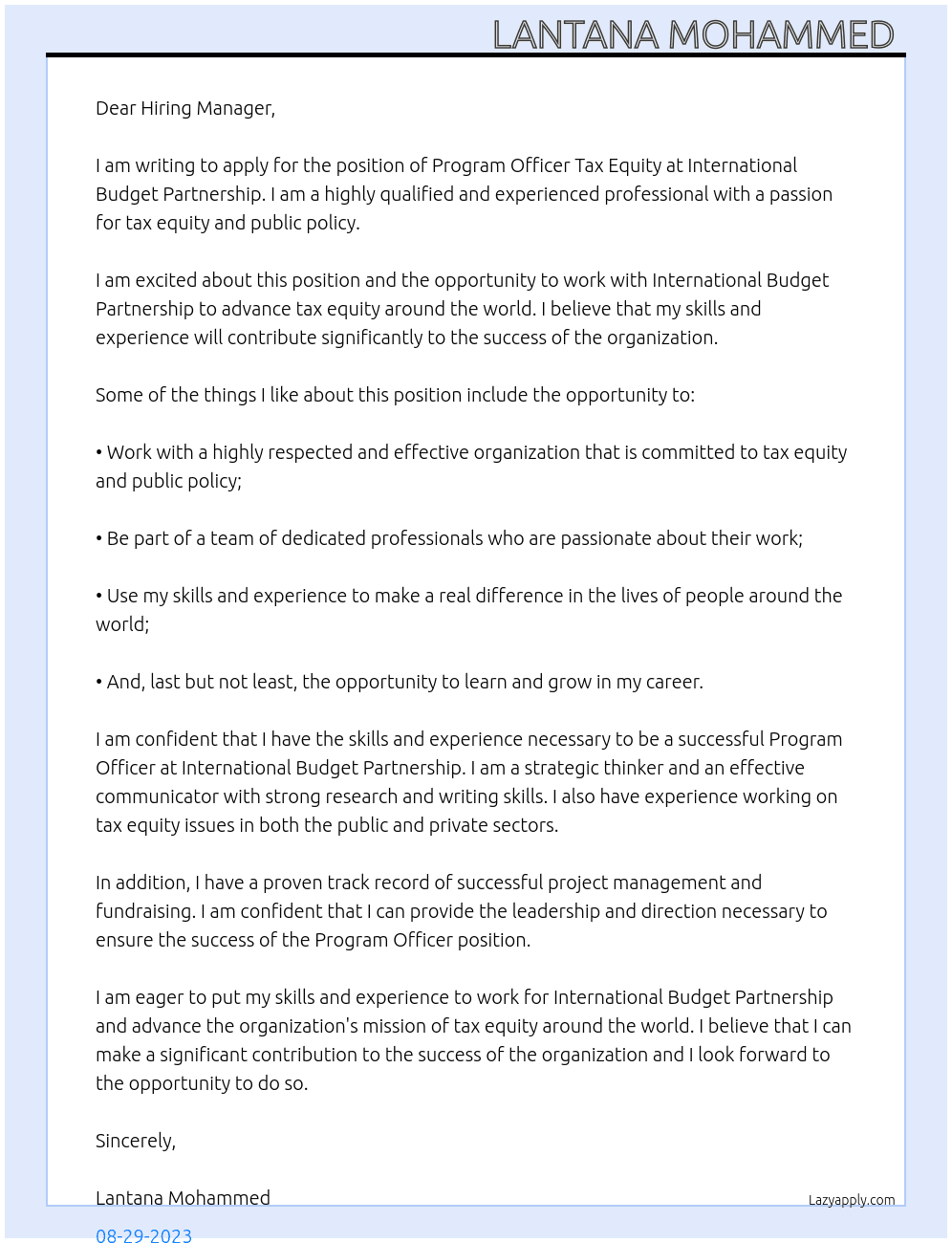 Program Officer Tax Equity  At International Budget Partnership  Cover Letter