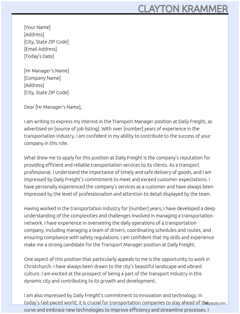 Transport Manager  At Daily Freight  Cover Letter