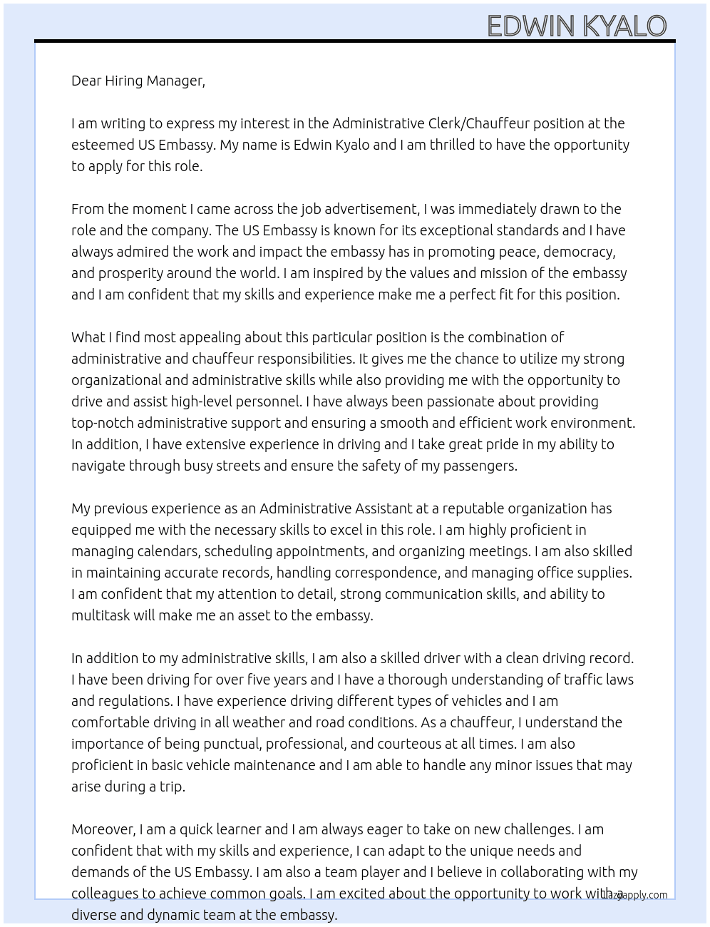 Administrative clerk/ chauffeur  At Us Embassy  Cover Letter