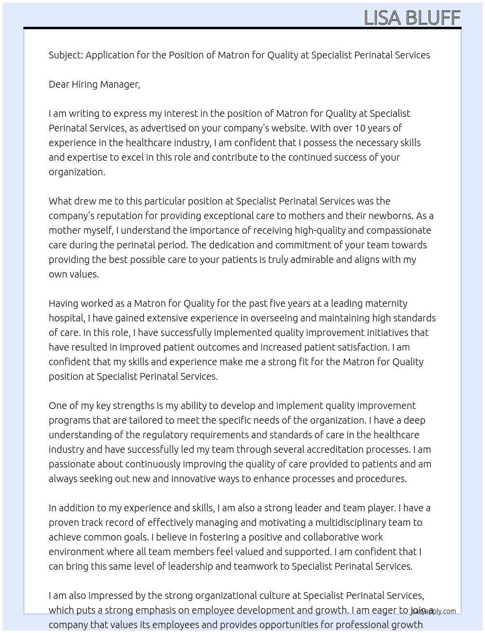 Matron for Quality At Specialist Perinatal Services Cover Letter