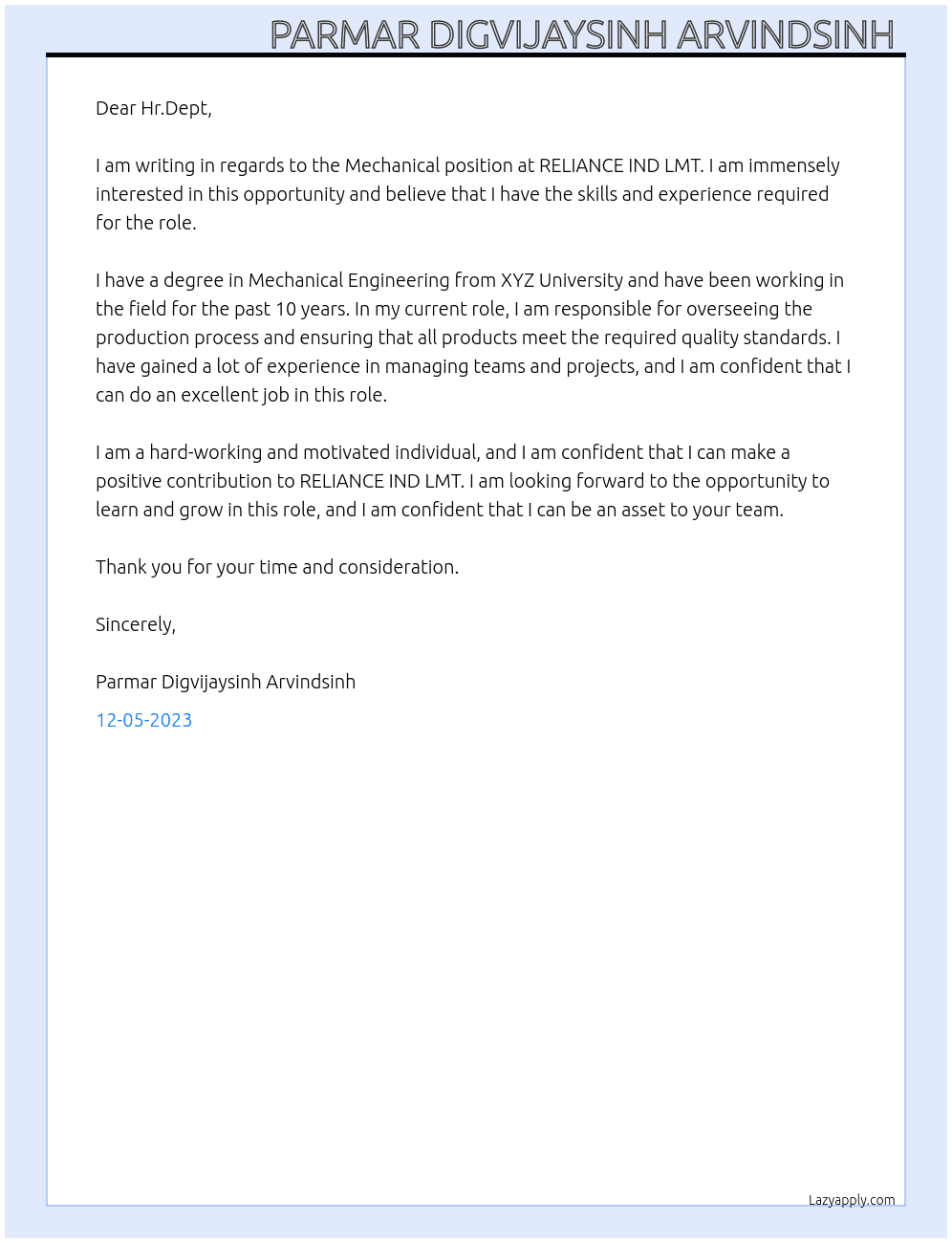 Mechanical  At RELIANCE IND LMT Cover Letter