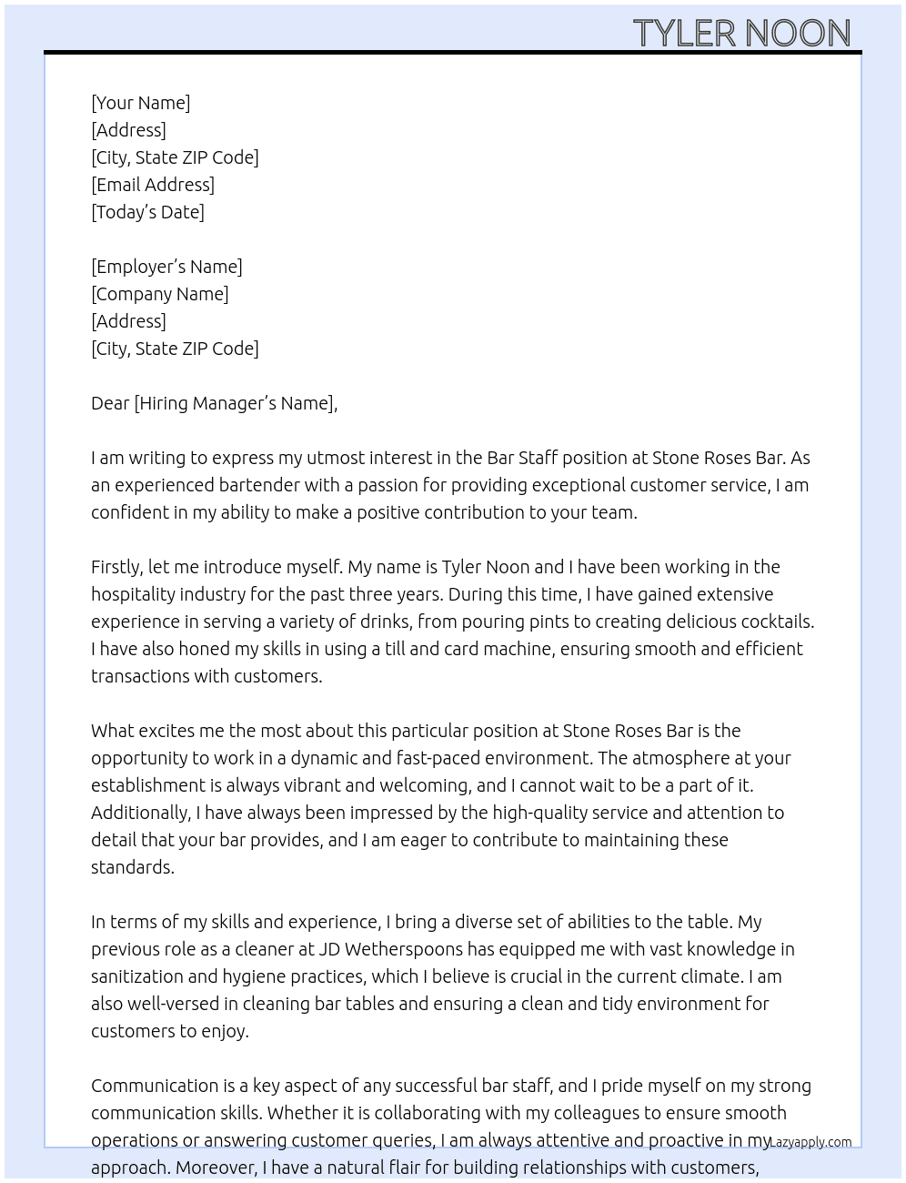 Bar Staff  At Stone Roses Bar Cover Letter
