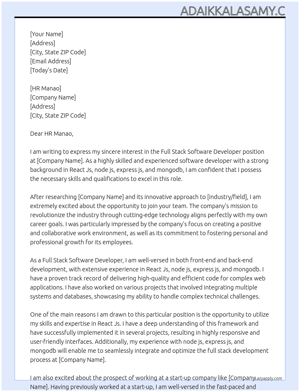 Full stack software developer At Start up company Cover Letter