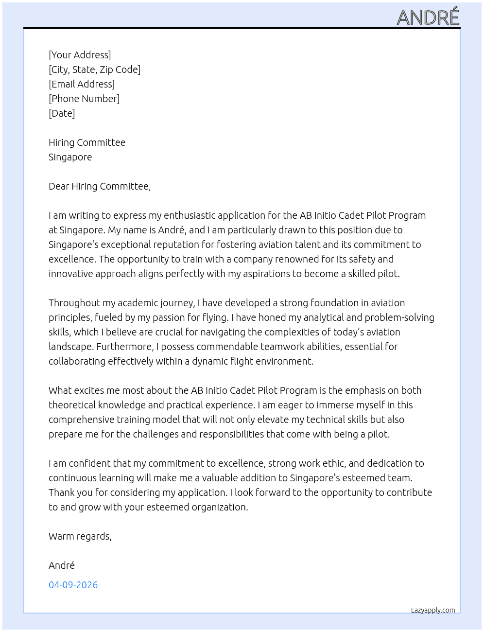 AB Initio cadet pilot program At Singapore Cover Letter