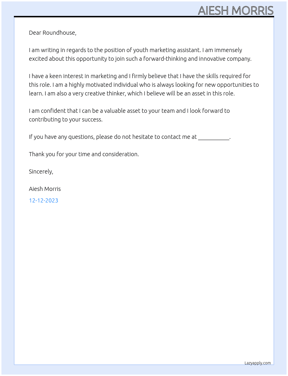 youth marketing assistant At Roundhouse Cover Letter