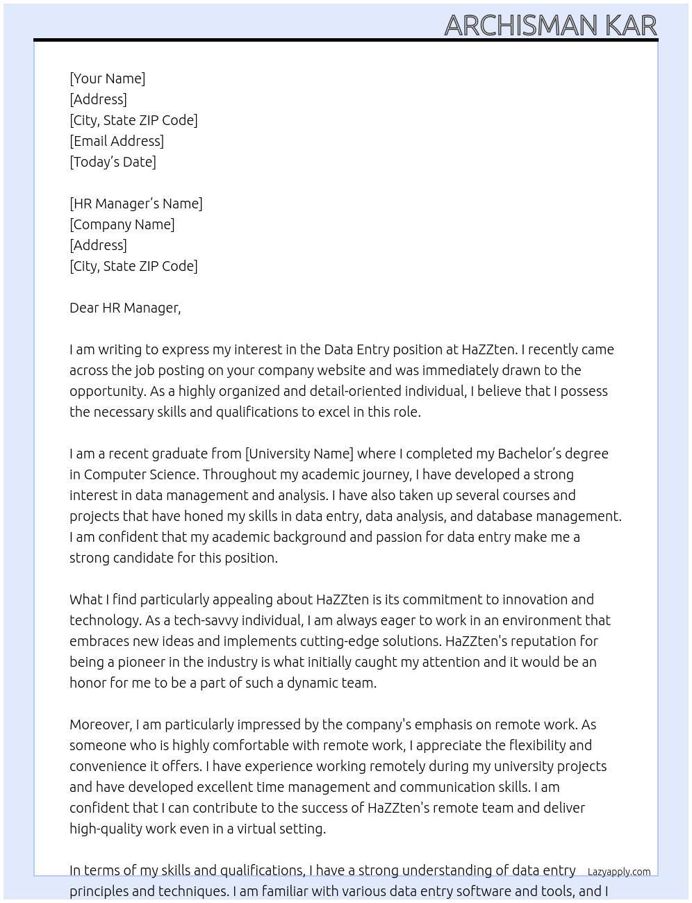Data Entry At HaZZten Cover Letter