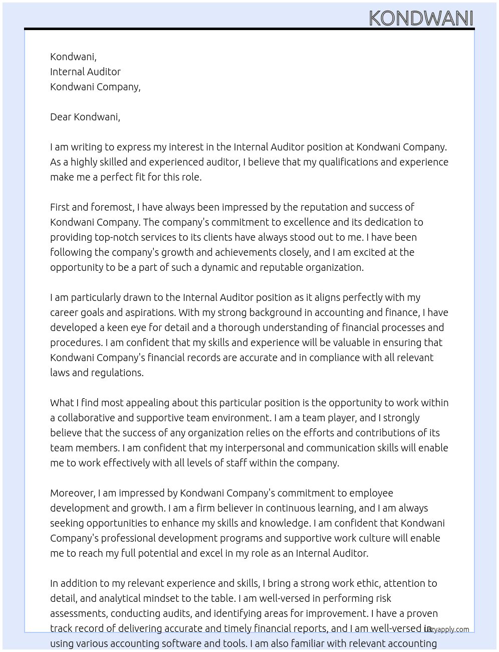 internal auditor At kondwani Cover Letter