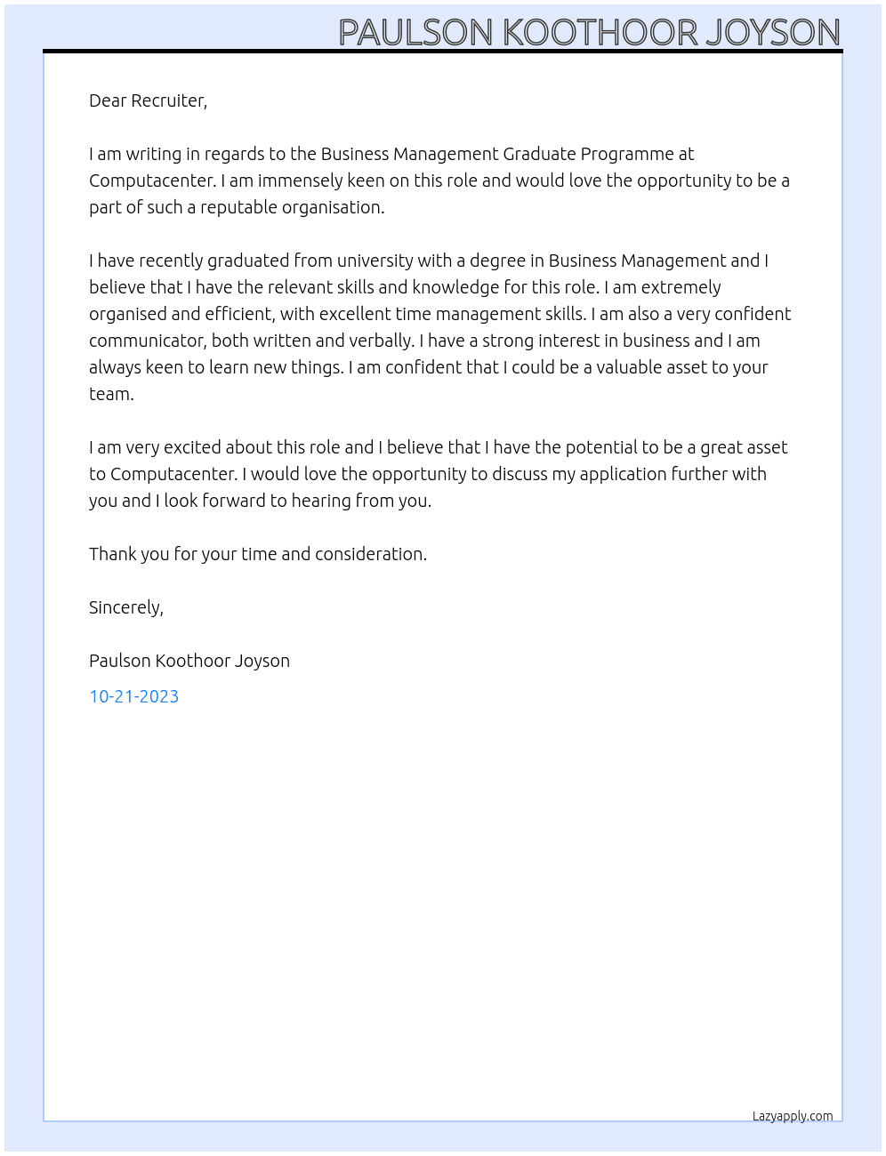 Business Management Graduate Programme At Computacenter Cover Letter