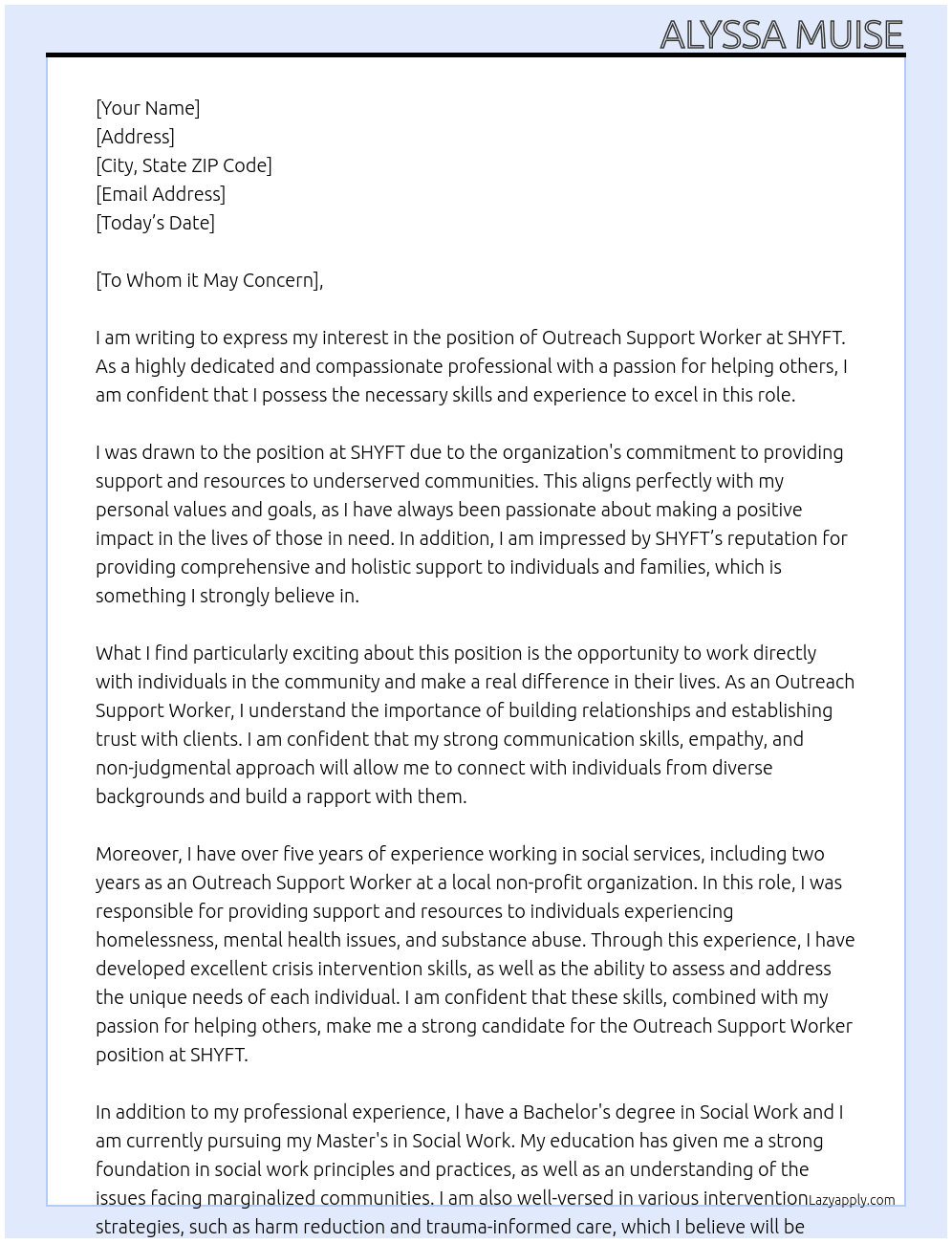 Cover letter for outreach support worker - LazyApply