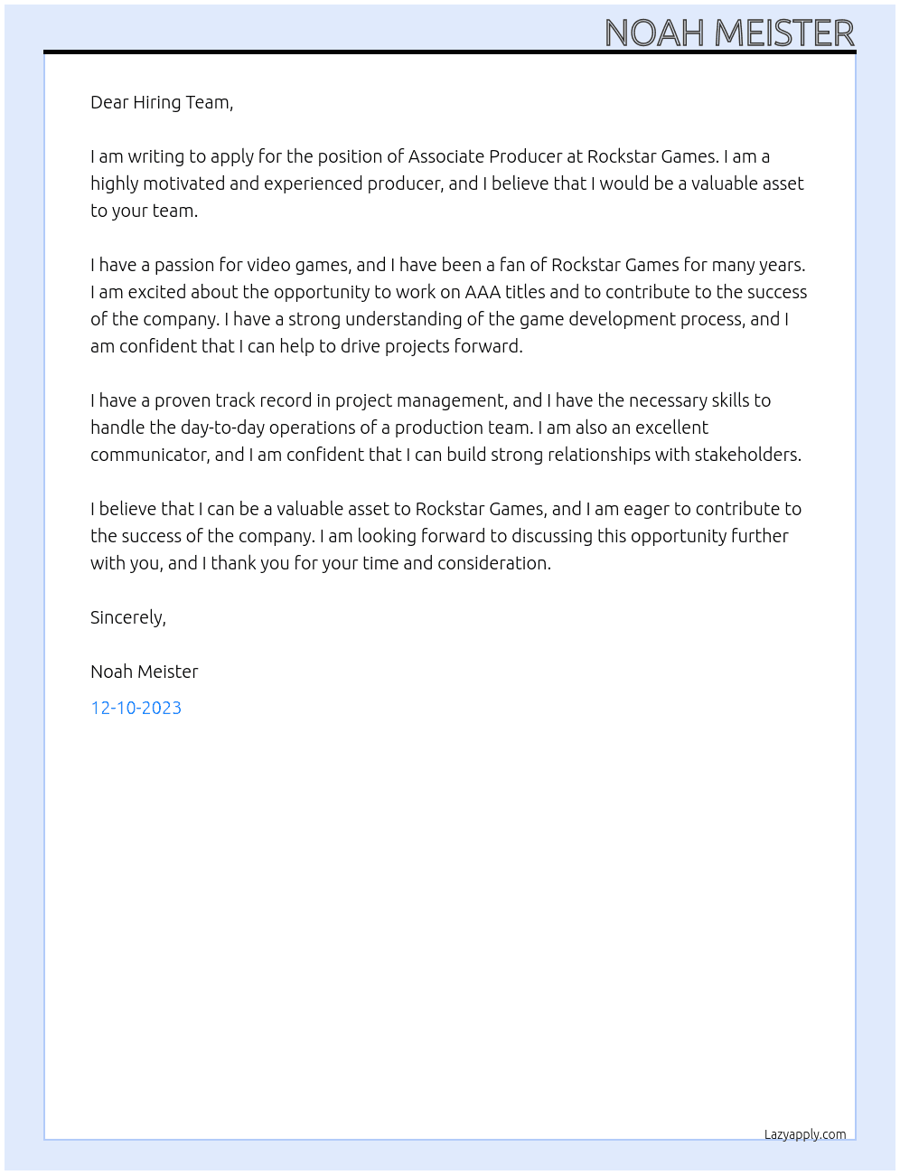 Associate Producer At Rockstar Games Cover Letter