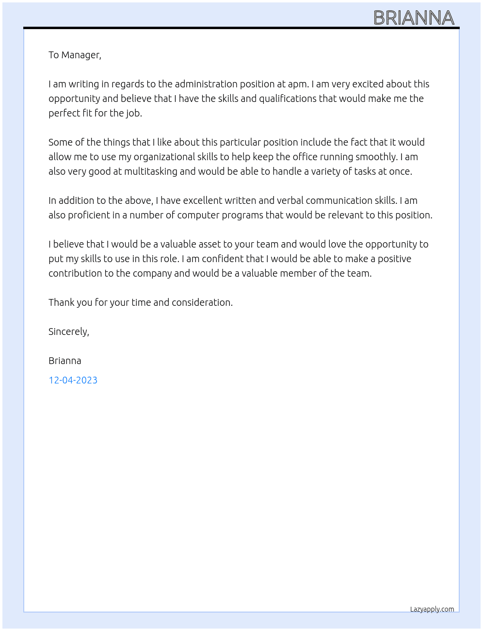 Administration  At apm  Cover Letter