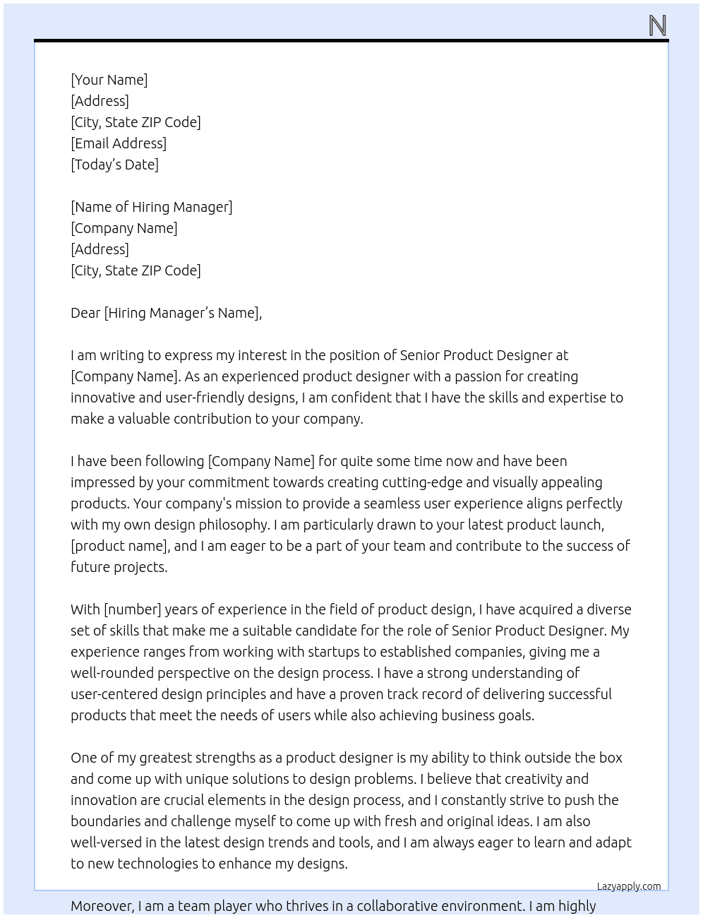 senior product designer At t Cover Letter
