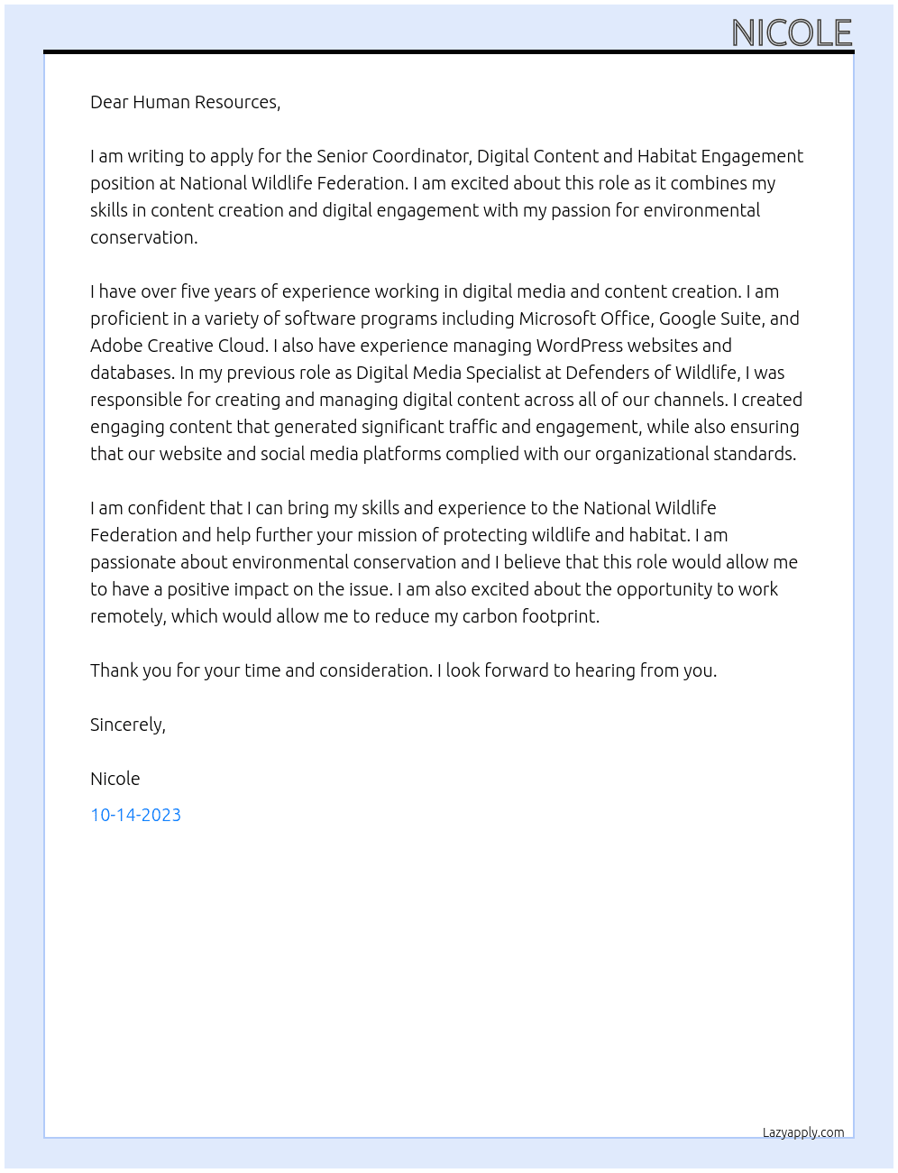 Senior Coordinator, Digital Content and Habitat Engagement At National Wildlife Federation Cover Letter