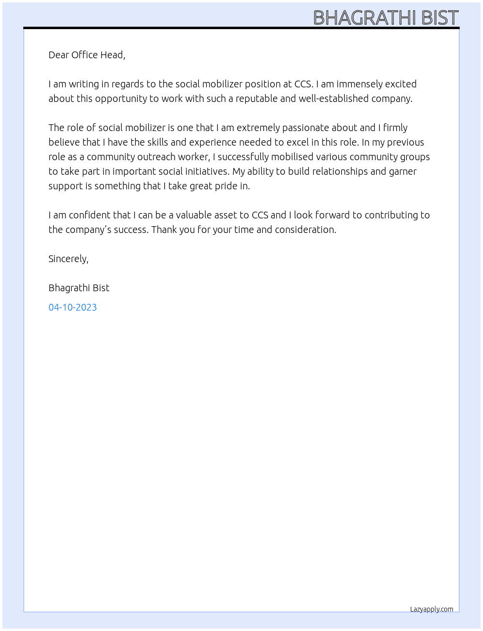 social mobilizer At CCS Cover Letter